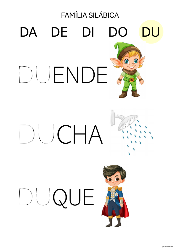 Página real: família silábica DA DE DI DO DU com palavras ilustradas